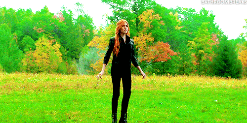 CLARY FRAY + RAINBOW[caption: 9 stacked gifs from shadowhunters, of clary fray. every gif has a diff