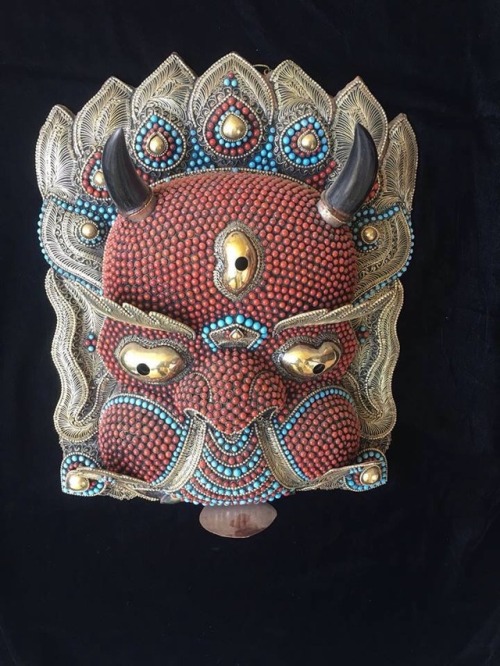 Magnificent Nepalese Silver-plated Turquoise & Coral Bhairab Mask – the “Mask of Annihilation” F