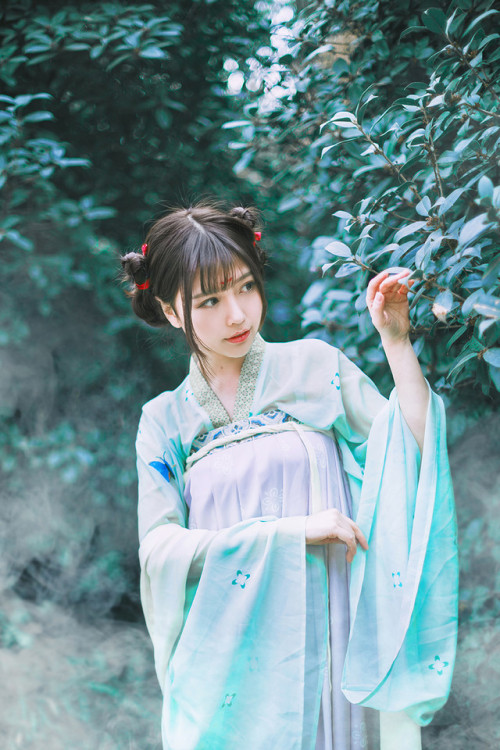 Girl in hanfu ( photo: 夏雨竹Cherry )  Blue and purple straight collar breast-high Ruqun. Love her hair