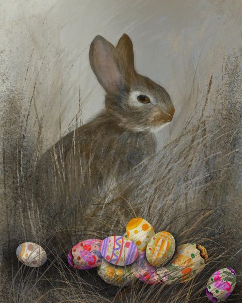 Bunny hoarder. Art challenge @fridaydoodleclub hunting colourful eggs. #fridaydoodleclub #easterillu