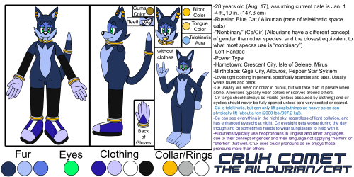 so these are my three main ocs, Crux Comet the Ailourian (telekinetic space cat species), Gimmick Do