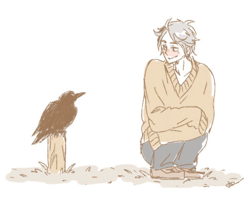 josyuss:suga being adorable in a huge sweater and also a crow whisperer