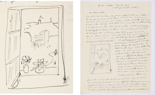 dappledwithshadow:Letter with sketch, from Henri Matisse to his wife Mélo, 1912.