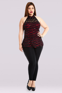 fashiontofigure:  A curve-defining halter top in rich red with a luscious lace overlay, worn by Denise. Coming soon to FTF!