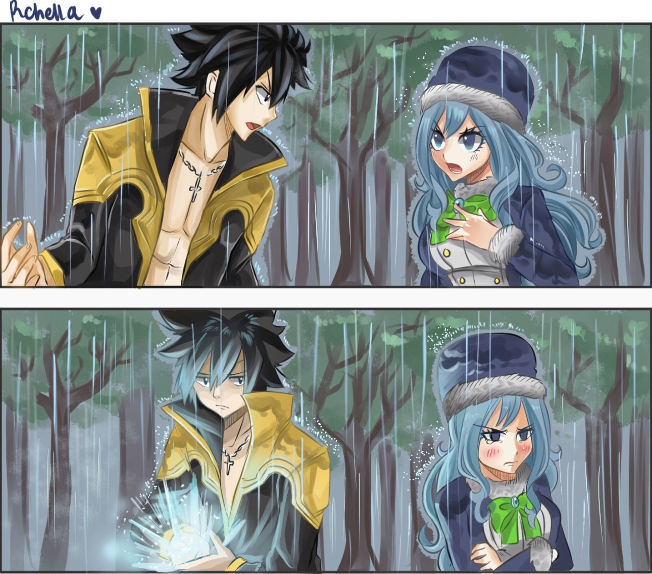 rchella:  Gruvia fluff fest day 4 - Kissing in the rain Rain made by Juvia   (・ε・｀)