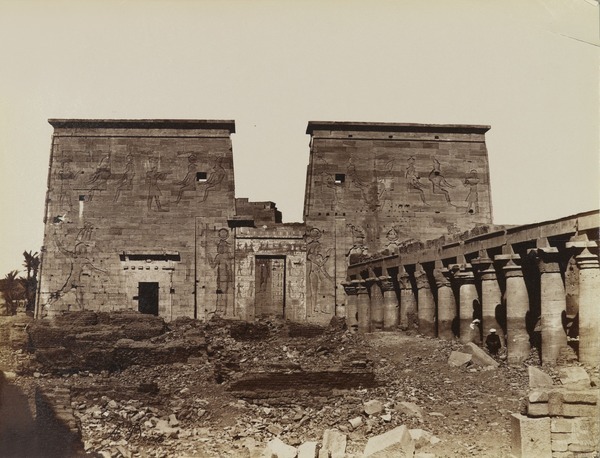 grandegyptianmuseum:  Philae, view of the Pylon with Columns, 19th century. Antonio