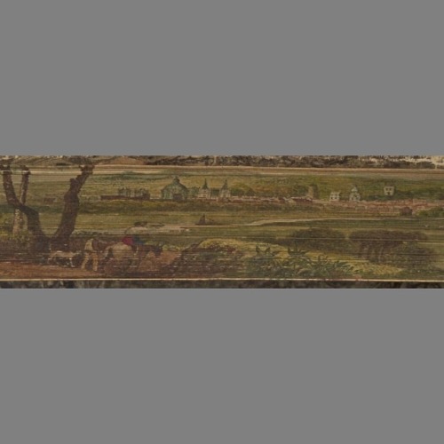 This fore-edge painting, depicting a hunting scene set in a lush landscape, is from a beautiful bind