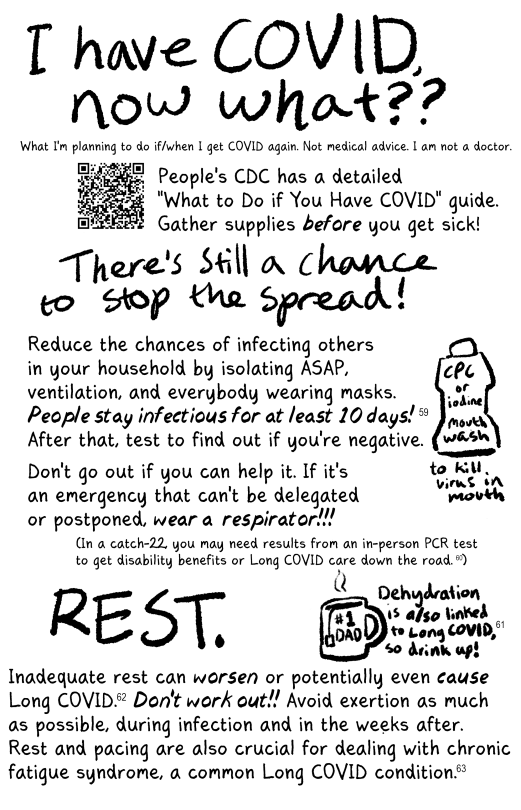 COVID zine page 13  [bold] I have COVID, now what??  What I'm planning to do if/when I get COVID again. Not medical advice. I am not a doctor.  People's CDC has a detailed "What to Do if You Have COVID" guide. Gather supplies BEFORE you get sick!  [bold] There's still a chance to stop the spread!  Reduce the chances of infecting others in your household by isolating ASAP, ventilation, and everybody wearing masks. People stay infectious for at least 10 days! After that, test to find out if you're negative.  [drawing of bottle] "CPC or iodine mouthwash to kill virus in mouth"   Don't go out if you can help it. If it's an emergency that can't be delegated or postponed, WEAR A RESPIRATOR!!!  (In a catch-22, you may need results from an in-person PCR test to get disability benefits or Long COVID care down the road)  [bold] REST.  [drawing of mug] Dehydration is ALSO linked to Long COVID, so drink up!  Inadequate rest can WORSEN or potentially even CAUSE Long COVID. Don't work out!! Avoid exertion as much as possible, during infection and in the weeks after. Rest and pacing are also crucial for dealing with chronic fatigue syndrome, a common Long COVID condition.