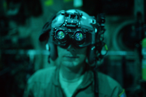 militaryarmament:  An Aircrew member of the 102nd Rescue Squadron conducting FARP night training at the Combat Readiness Training Center on November 3rd, 2014. 