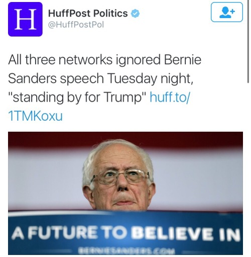 krxs10:   !!!!!!DONT LET THIS GO UNNOTICED!!!!!! All Three Major News Networks Ignored Bernie Sanders’ Speech Tuesday Night, To Show Empty Trump Podium  As Bernie Sanders took the stage on Tuesday night, the cable networks continued doing what they