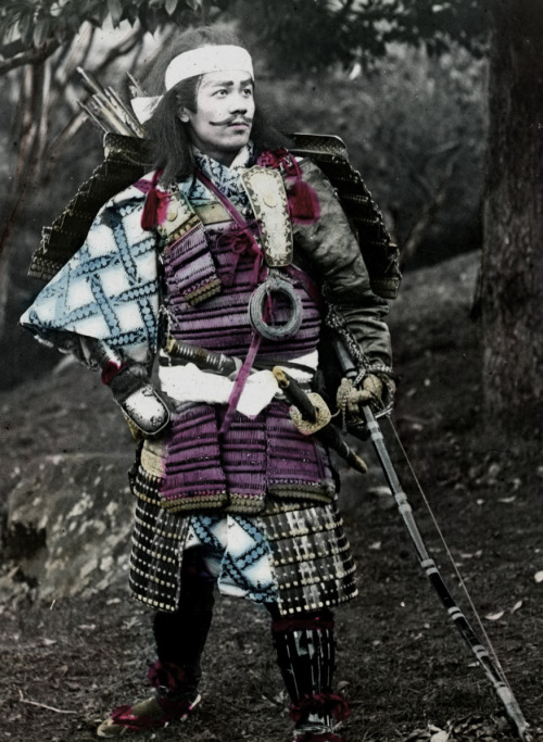 &ldquo;Samurai&rdquo; re-enactment.  Hand-colored photo.  Photographer Mr. Paine, 