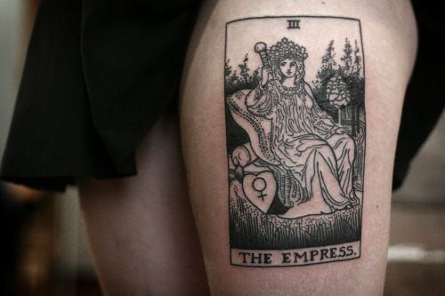 wonderlandtattoospdx: The Empress card tattooed by Sean Wright, from the Rider deck, illustrated by 