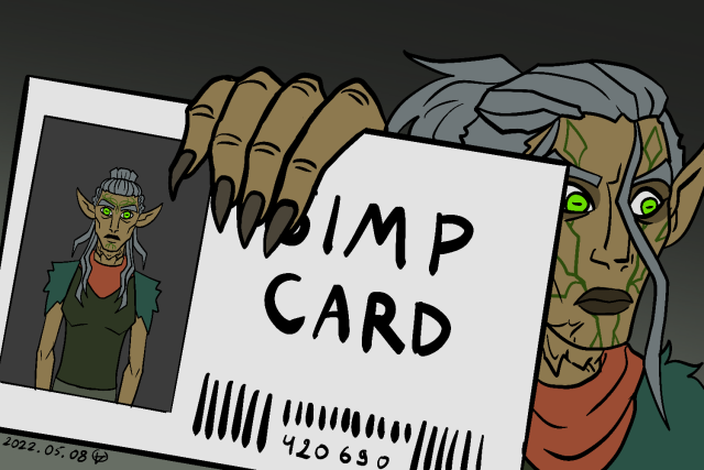 a digital drawing of an elf woman with dark tan skin and grey hair holding a card labeled Simp Card. It has a picture of her on it.