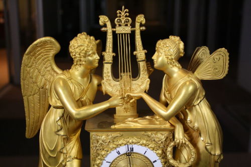 daughterofchaos:French Empire Period Gilt-Bronze Clock, featuring Cupid serenading Psyche, circa 181