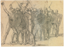 Jacques-Louis David (1748-1825), Nude Soldiers Gesticulating with their Weapons, black chalk, pen and black ink, and gray wash on paper