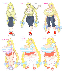 theycallhimcake:  As for the second part of the yearly tradition, here’s the ref timeline. I generally do this every year, just to compare where I’m currently at in style… as well as Cassie’s design.She uh… yeah. She filled out a bit.