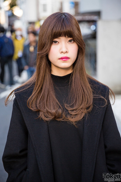 Kurumi on the street in Harajuku wearing a wool coat from Fig&amp;Viper with a Jouetie dress, M.Y.O.