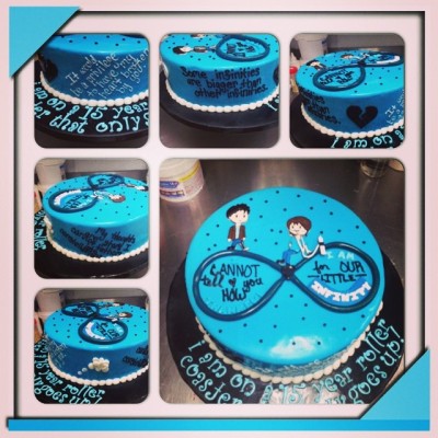 The Fault in Our Stars. In cake form. With help from @xtinarocks #tfios #thefaultinourstars #augustuswaters #hazelgracelancaster #okay #cake #fondant #blue #white #black