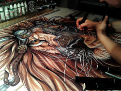 asylum-art:  Steampunk Lion  Drawing by Paula Duta Artist on Tumblr |  Behance My name is Paula Duta  and I just love to draw. Here is one work that I’m especially fond of. The Steampunk Lion is a 100/70 cm drawing on which I used markers, pens,