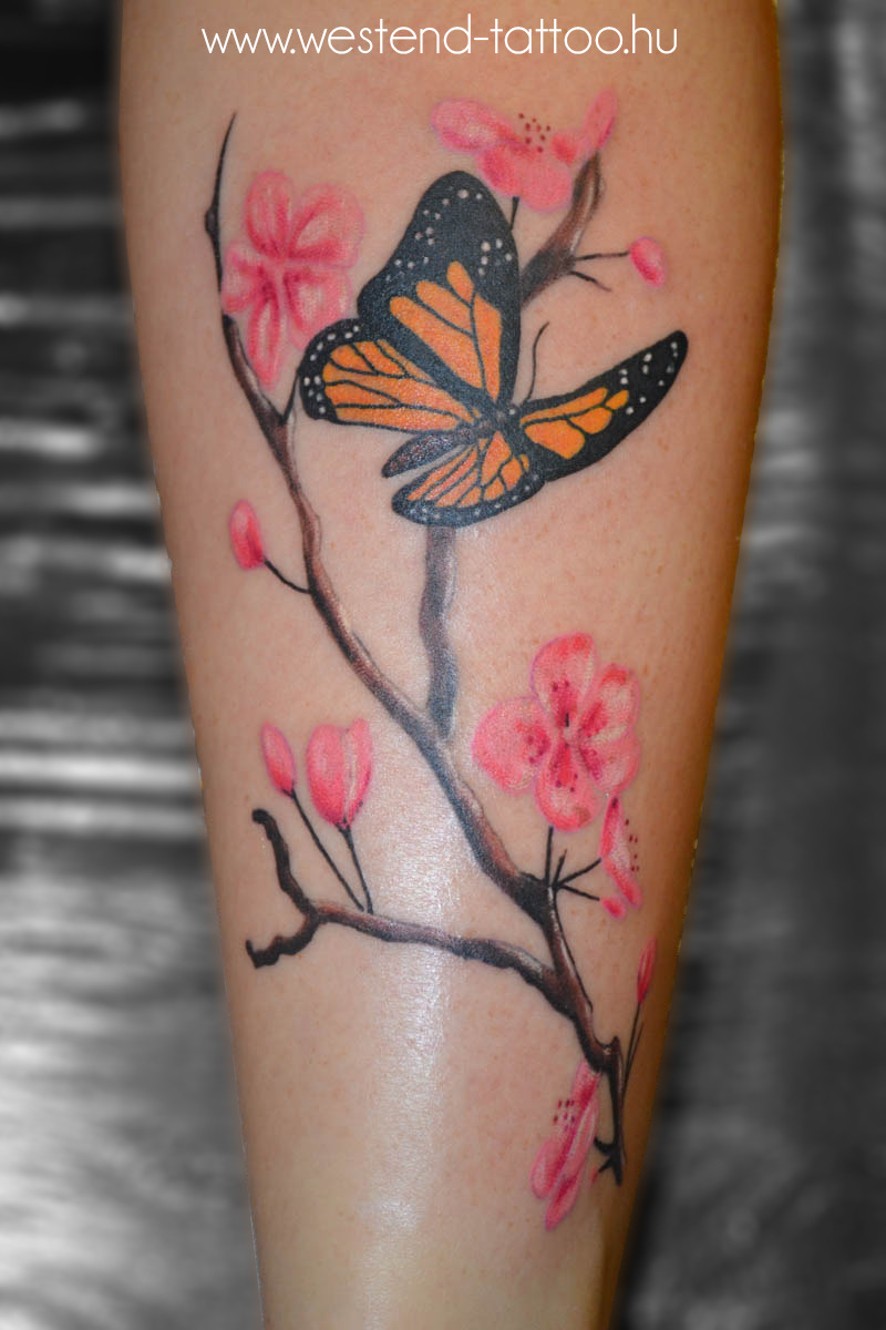 Sakura Flowers and Butterfly Tattoo Design