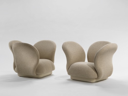 Pierre Paulin, Pair of F281 Multimo Chairs, c. 1969-1970,Stainless steel frame, foam, fabric, wood b