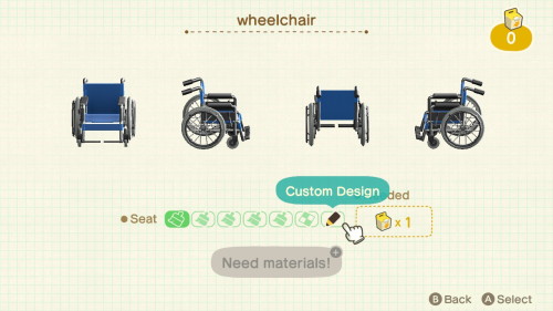 Item: wheelchair# of customizations: 6Customization names: blue, red plaid, green plaid, beige, colo