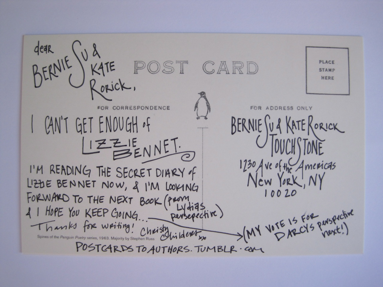 postcardstoauthors:
“ Bernie Su & Kate Rorick are the authors of The Secret Diary of Lizzie Bennet.
(berniesu & noblerorick are also writers on thelbdofficial by pemberleydigital, starring theashleyclements & marykatewiles)
”
We love this so much!