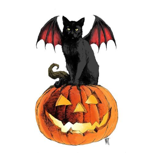 natjonesart:Halloween is coming, time for a new Bat Cat piece! #halloween #blackcat #cat #horror #ar