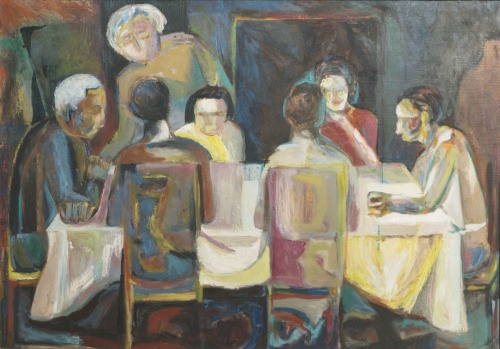 huariqueje:Family Seder   -    Dorothy Cantor  c. 1948American b.1928-Oil on Canvas , 28 x 40 in.