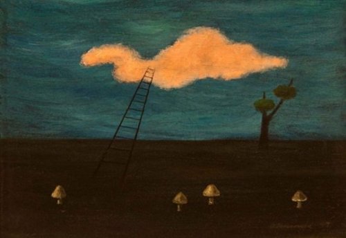 Paisagem com escada, nuvem e cogumelos . 1947 . Landscape with ladder, cloud and mushrooms 