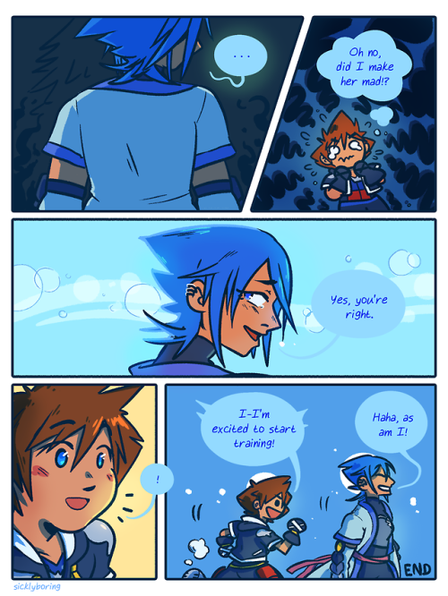 sicklydoodles:   she’s glad he turned out to be such a good kid after all. a celebratory “new game is finally happening” comic: AU where Ansem the Wise’s machine at the end of KH2 somehow released my girl aqua from the Realm of Darkness and she