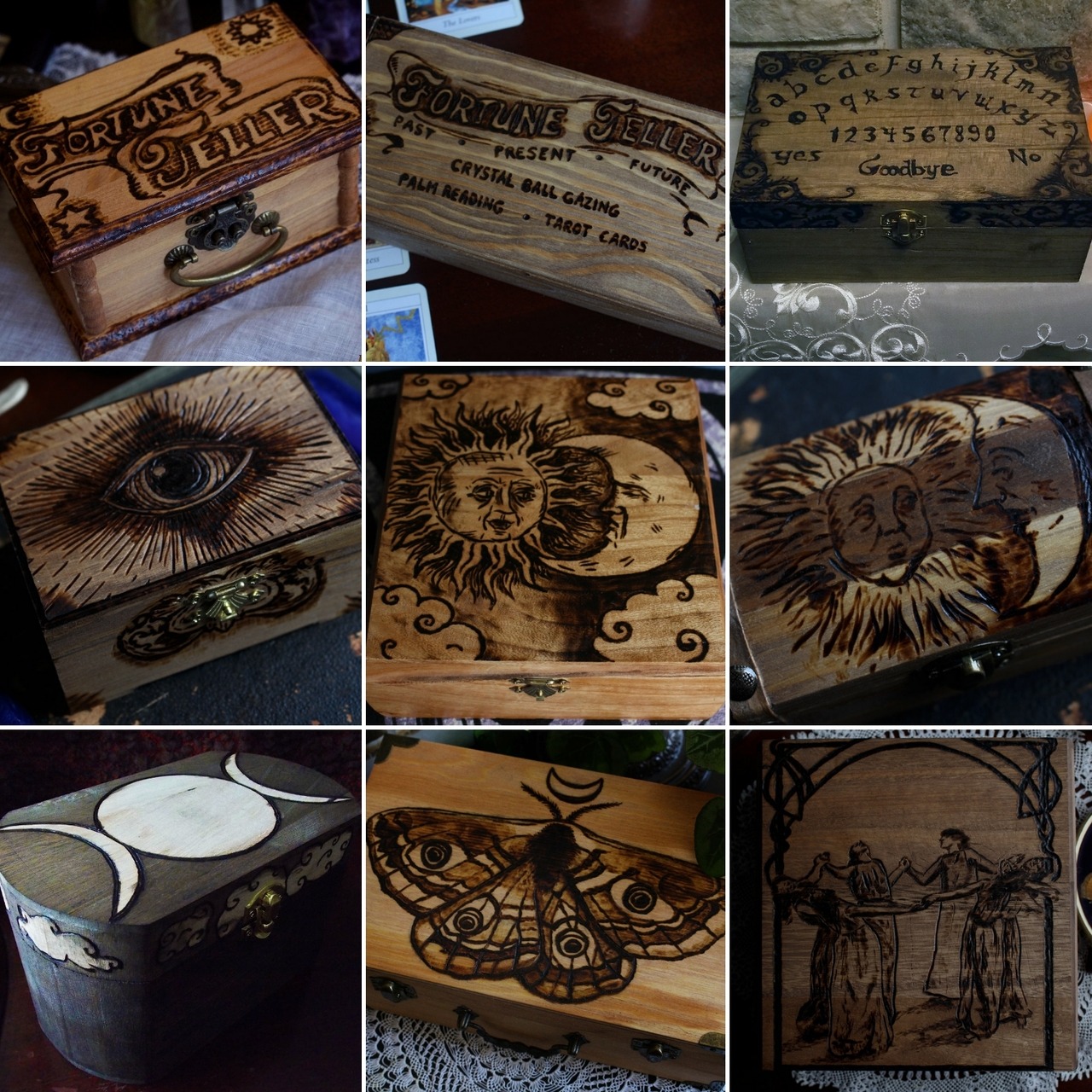 13thmoon:Some woodburned boxes I made for fun over the last few years. It’s been