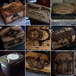 13thmoon:Some woodburned boxes I made for fun over the last few years. It’s been a while, so I’m thinking of making new designs! Someone suggested I make a Pandora’s Box, so I’ll do that and other Greek mythology inspired boxes (like Medusa!)