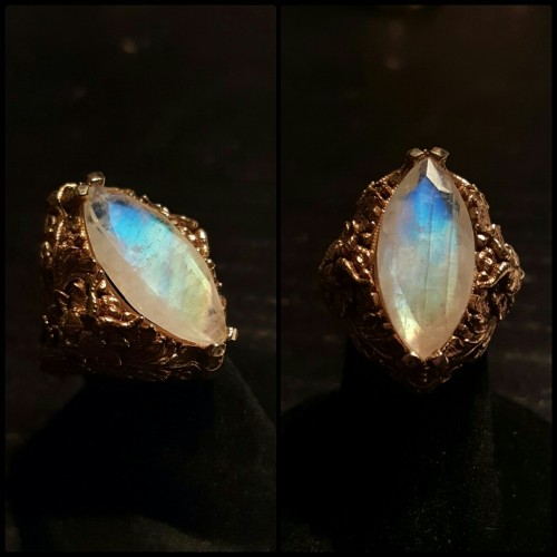 Rainbow moonstone set in polished brass Narcissus ring. This stone reflects the entire visible spect