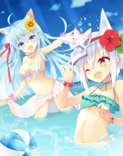 pantherrh:  みずあそび | 鈍色玄 [pixiv]Playing in the Water, by Nibuiro Gen. Original kemonomimi characters.