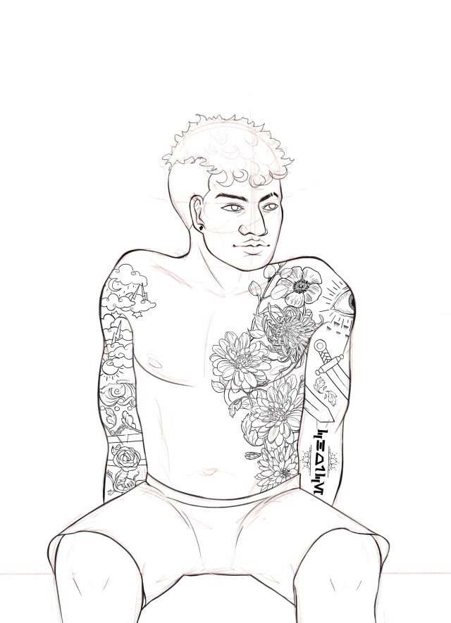 A clone trooper with an undercut sits shirtless. he's in shorts and his tattoos cover both arms and the left side of his torso. the torso tattoos are flowers and leaves. one arm has storm clouds, waves, and flowers with vines. the other has an eye, a knife that curls around his bicep, and the word "CHOICE" written in aurebesh.