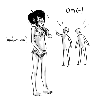your-otp-just:  fieto:  theweetosdoesart:  I don’t get it.  i think the artist means to convey that girls can wear pants while boys can’t really wear any femme clothing without being mocked and that bikinis are socially acceptable while underwear