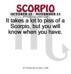 wtfzodiacsigns:  It takes a lot to piss of a Scorpio, but you will know when you have.   - WTF Zodiac Signs Daily Horoscope!  
