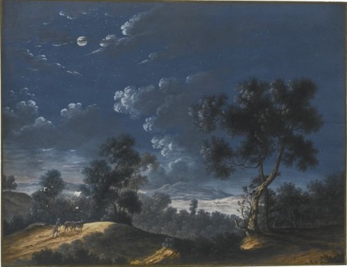 dentelledeperle:Louis Nicolas van Blarenberghe“A Moonlit Landscape with a Figure Herding Cattle, a l