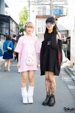 tokyo-fashion:Miwa and Riko - both 19 - on the street in Harajuku wearing handmade items along with fashion from Drinkscancode, 2.Xjigen, Avantgarde, Candye Syrup, and UNIF. Full Looks