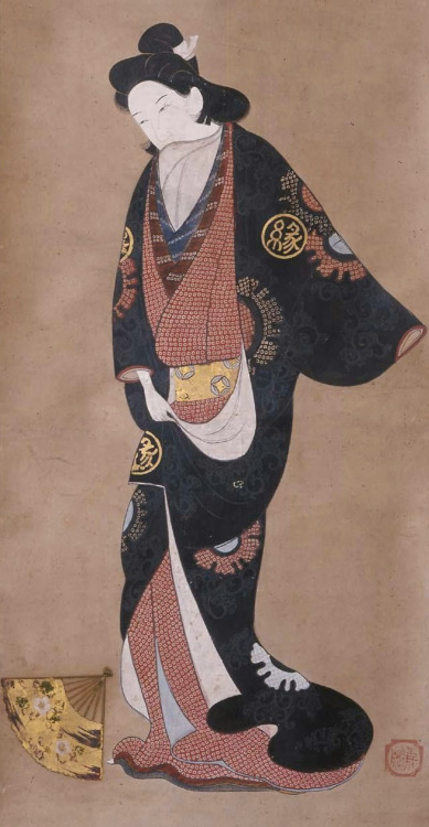 Standing Courtesan.  Main detail of a hanging scroll; ink and color on silk, Mid-18th century, 