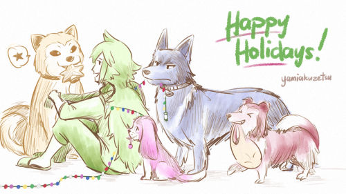 A little holiday draw with my protagverse pet AU feat. animal whisperer N and his adopted doggos!