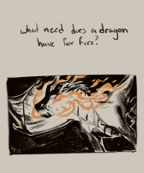 keymintt:dragons and their fire [id: a greyscale comic with fire colored in orange on a light beige 