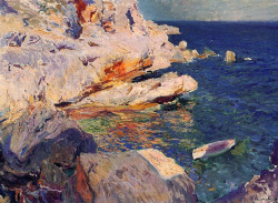 Joaquin Sorolla.Â Rocks and White Boat,