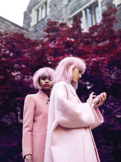 visualjunkee:  La Clique, C'est Chic!’ - model: Ashley Sutherland, Symone Challenger - photographer: Norman Young - stylist: Tiyan Grulovic - hair: Cody Alain - makeup: Simone Otis - Flare September 2014Gucci coat - Rochas coat - Skinnydip phone case