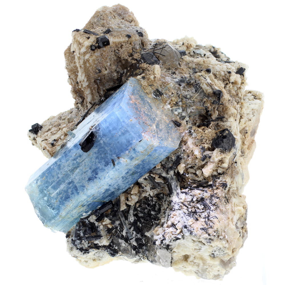 hematitehearts:  Aquamarine with Schorl, Orthoclase, Quartz &amp; HyaliteLocality: 