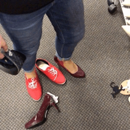 Teasing at the store in red/tan Cuban heel stockings. Footjob was just for home though.