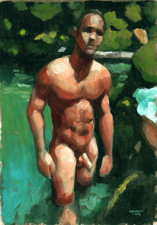 Nude Male in Tropical Pool, acrylic painting by Douglas Simonson (2017). (This and many other a