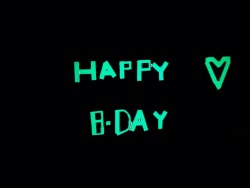 What the garage door looked like when Buffy got home from work (glow in the dark duct tape), her cake, what it looked like when she walked in the house with me singing happy birthday (yes, I was really singing) and her card that I couldn&rsquo;t resist