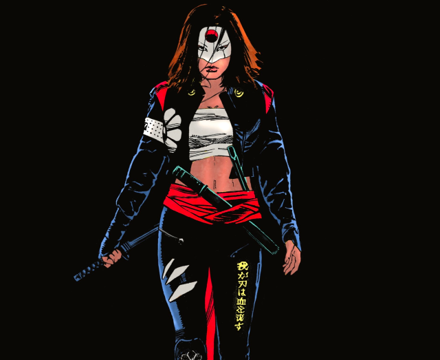 Edited comic panel of Tatsu Yamashiro, now holding her sword at her side with one hand. Same outfit as above, but now the white and yellow details on her jacket and pants are visible. The background is black.